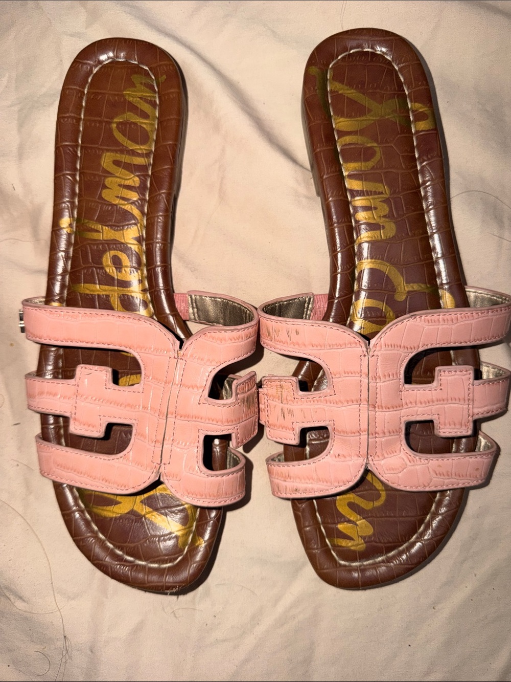 Sam Edelman Pink Leather Slide Sandals with Brown Footbed